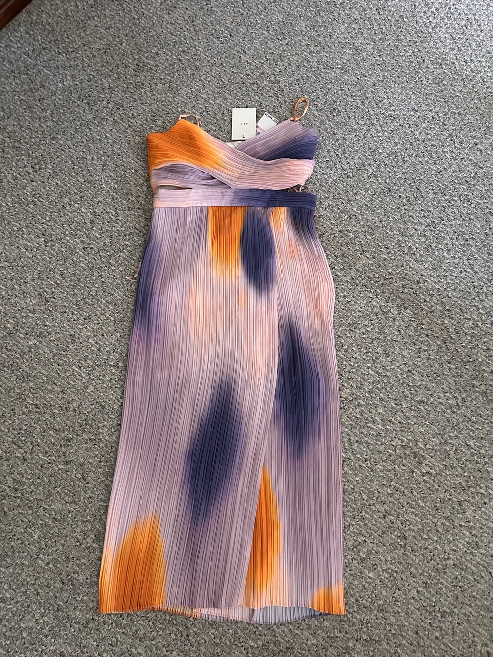 A.L.C. Pleated Midi Dress in Lavender with Orange & Navy Blots
